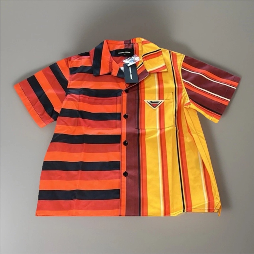 NEW Homme + Femme Mens Stripe Split Button Down SS Shirt Orange Yellow Black 3XL